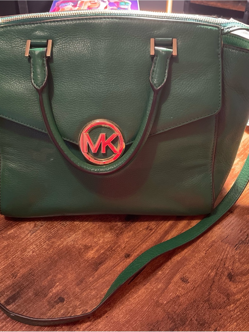 Michael Kors Emerald Green Leather Satchel with Gold MK Logo